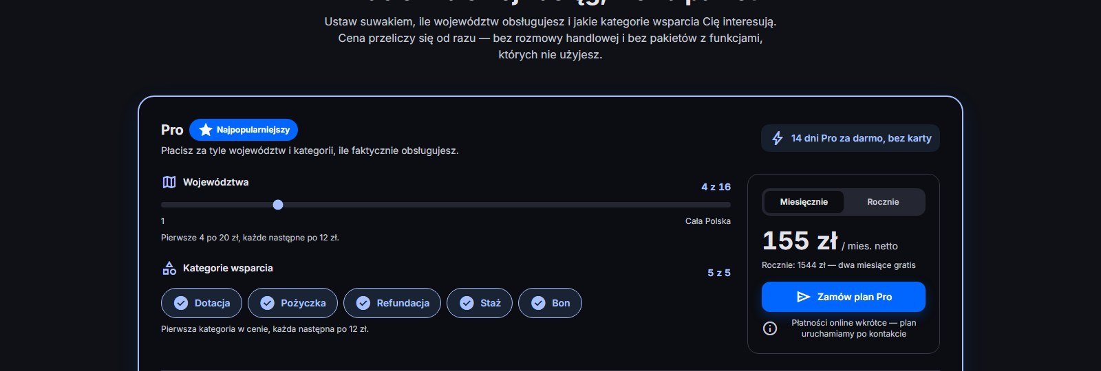 Sekcja cennika w Radarze Dotacji: suwak liczby województw i przełączniki kategorii wsparcia przeliczające cenę abonamentu na żywo.