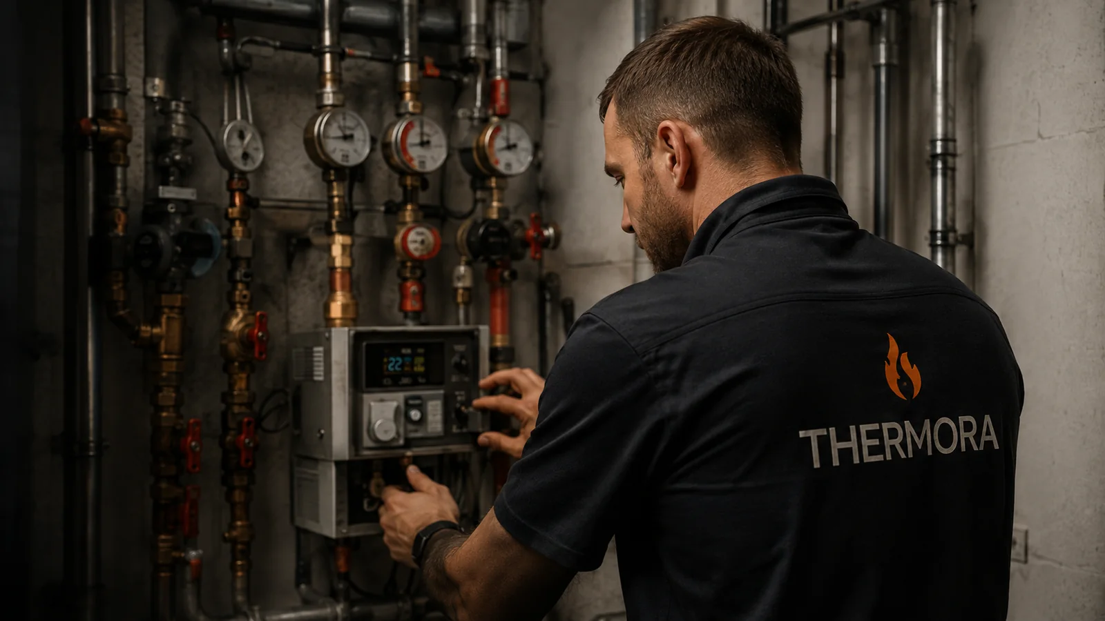 Technik Thermora podczas pracy przy instalacji grzewczej