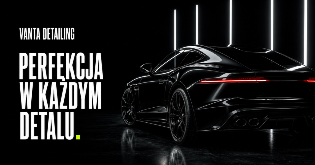 Czarne sportowe auto w studiu Vanta Detailing z hasłem Perfekcja w każdym detalu