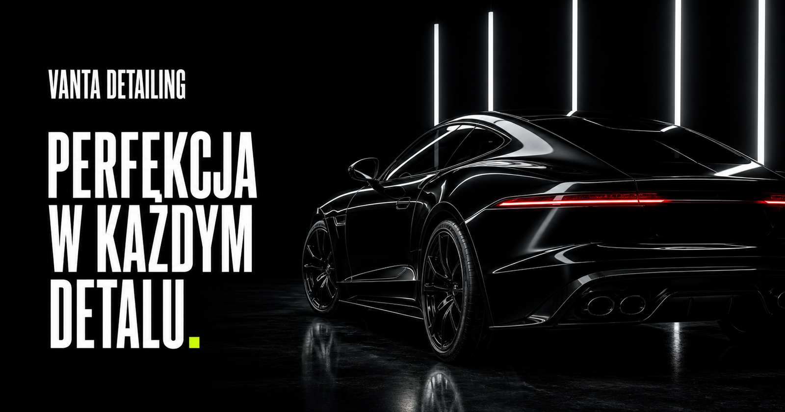 Czarne sportowe auto w studiu Vanta Detailing z hasłem Perfekcja w każdym detalu