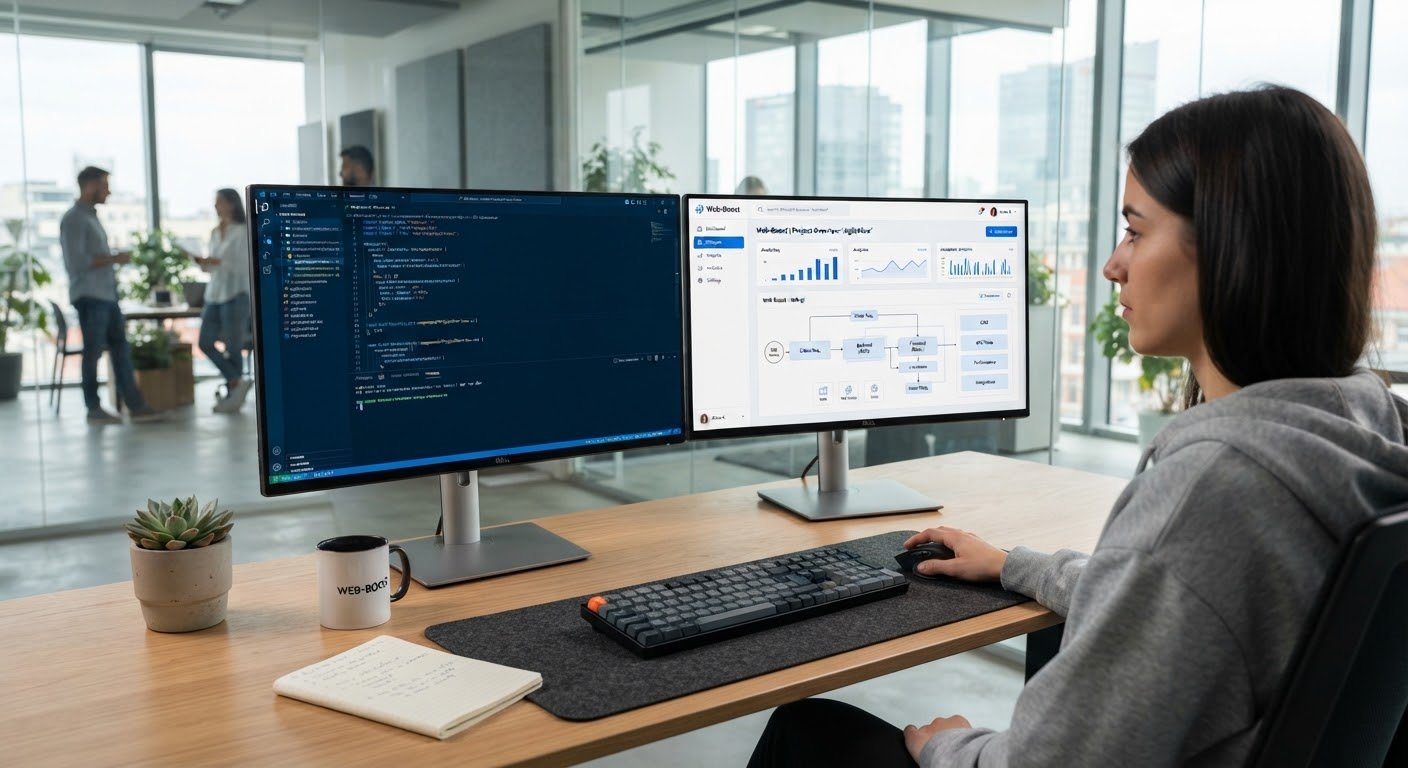 Stanowisko pracy programisty Web-Boost — kod i panel analityczny na dwóch monitorach