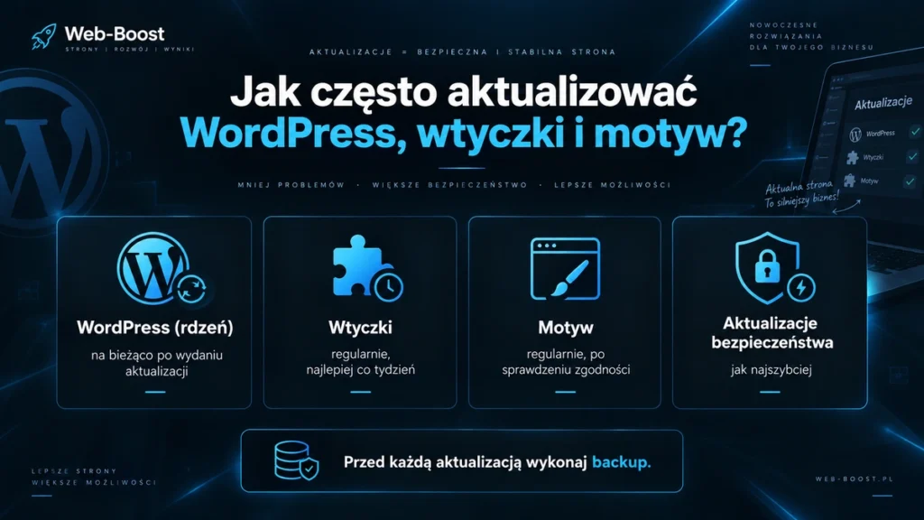Infografika przedstawiająca harmonogram aktualizacji WordPressa, wtyczek i motywu oraz informację o konieczności wykonania backupu.