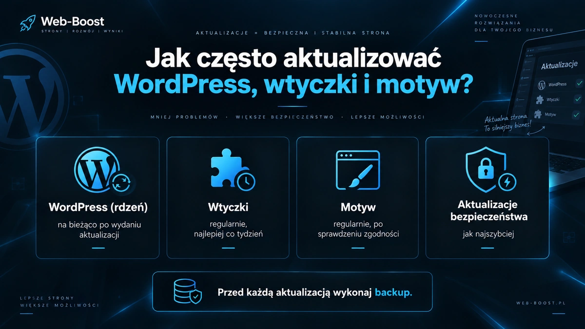 Harmonogram aktualizacji WordPressa: rdzeń i motyw raz w miesiącu, wtyczki raz w tygodniu, PHP raz na kwartał, poprawki bezpieczeństwa od razu.
